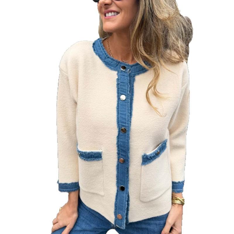 2026 Russian Fall Winter Womens Vintage Denim Knit Zip Cardigan Coat