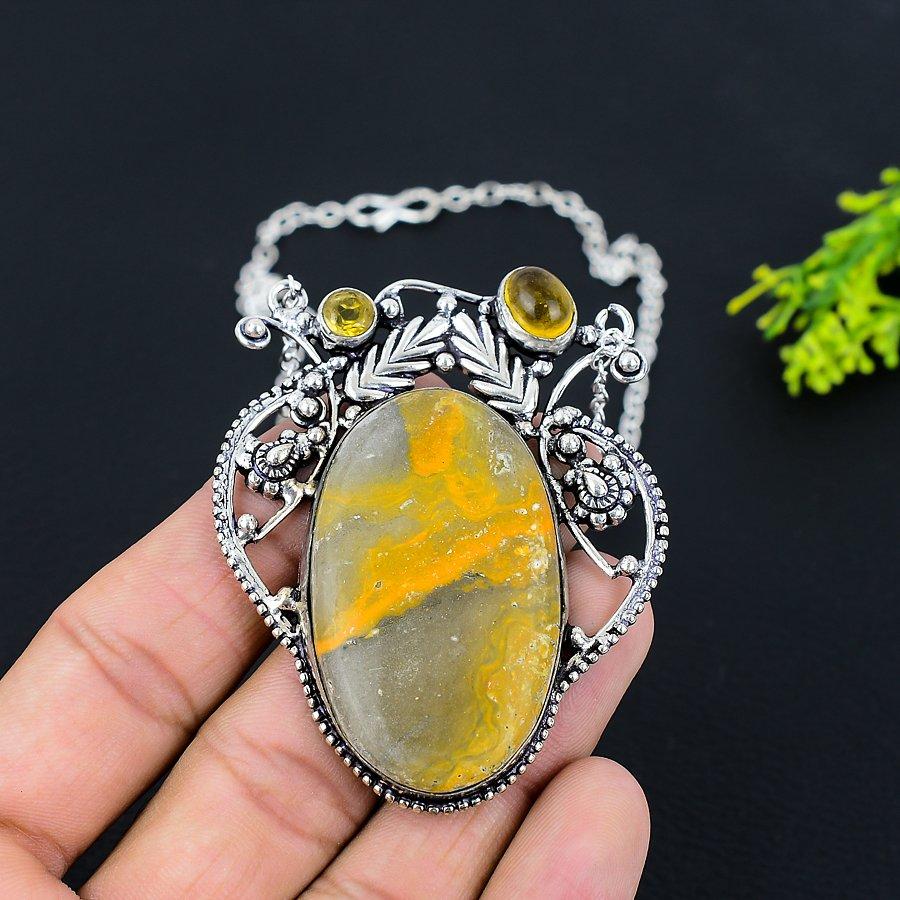 Bumblebee Jasper, Citrine Gemstone 925 Sterling Silver Jewelry Necklace 18"