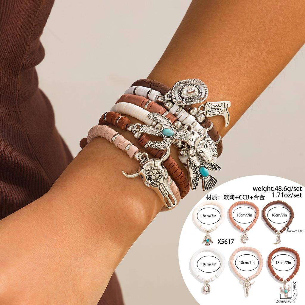 Bracelet Élastique Perles Turquoise Tête de Vache Style Ethnique Rétro Bracelet Personnalisé Maillard Perles Rondes Porté en Accumulation Bijoux