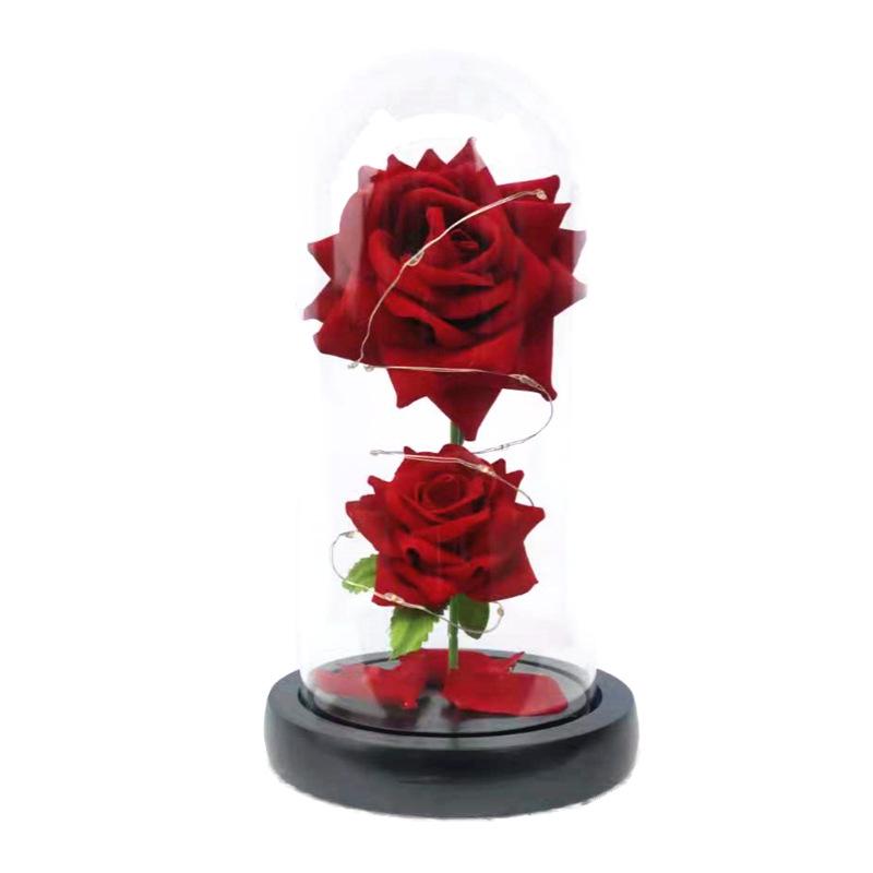 Two roses glass cover ornament Christmas Valentine's Day birthday gift LED light simulation eternal flower