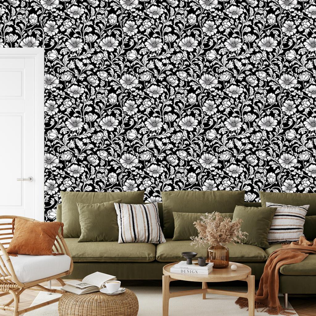 Wallpaper Black and white flowers gray and graphite, gray background 50x1000