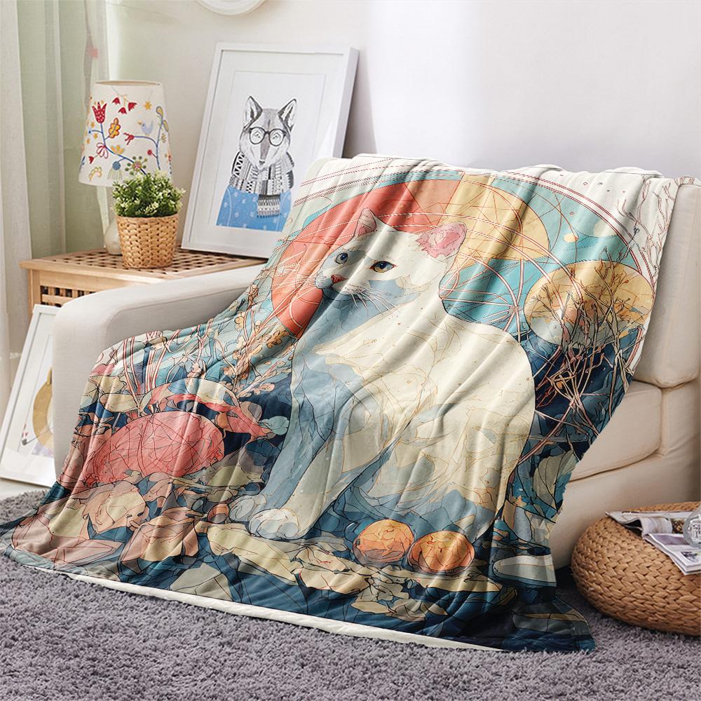 Artistic Cats Print Flannel Blanket, High quality Comfortable for All Seasons, Home Decor, Warmth and Comfort
