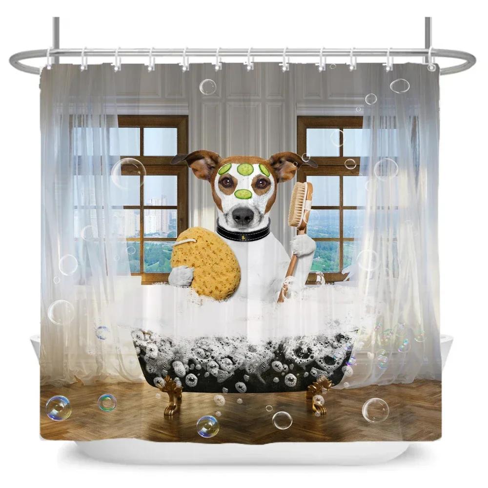 Funny Cute Cartoon Bathing Cat Dog Shower Curtains Bathroom Bathtub Decoration Waterproof Bath Curtain Home Decor With Hooks
