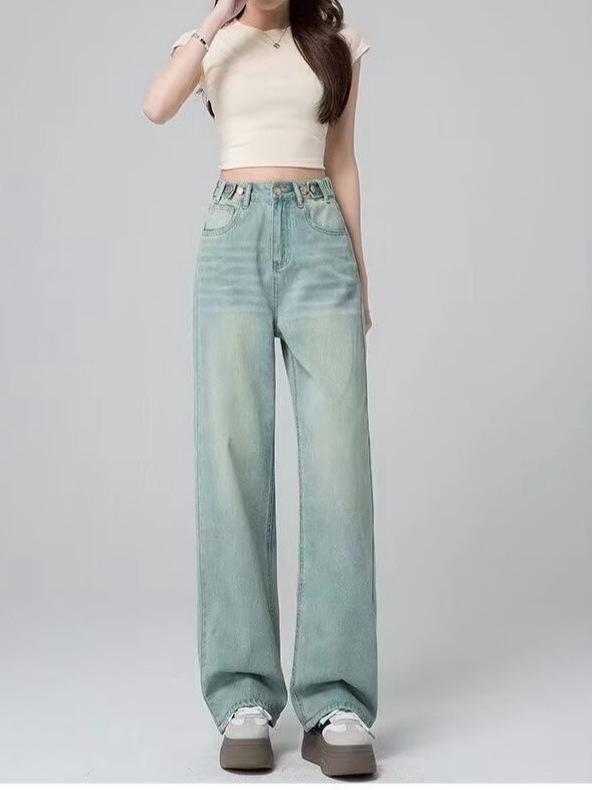 Women's High-Waisted Wide-Leg Light Jeans - Spring/Autumn 2024, Loose, Slimming, Straight, Floor-Length.
