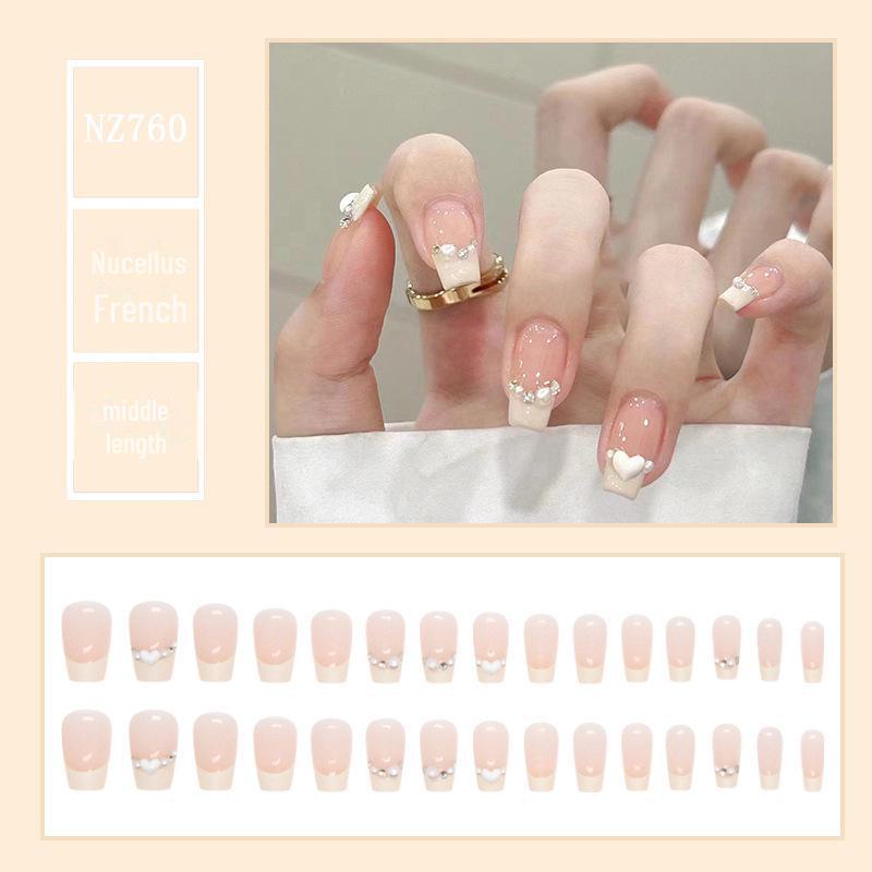 French Pearl Heart Diamond Ballet Nail Art - Medium-Length Detachable False Nails