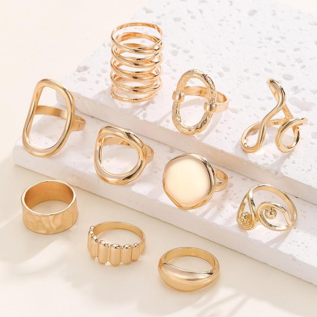 European & American Trendy Geometric Luxury 10-Piece Ring Set: Versatile and Elegant Hollow Design