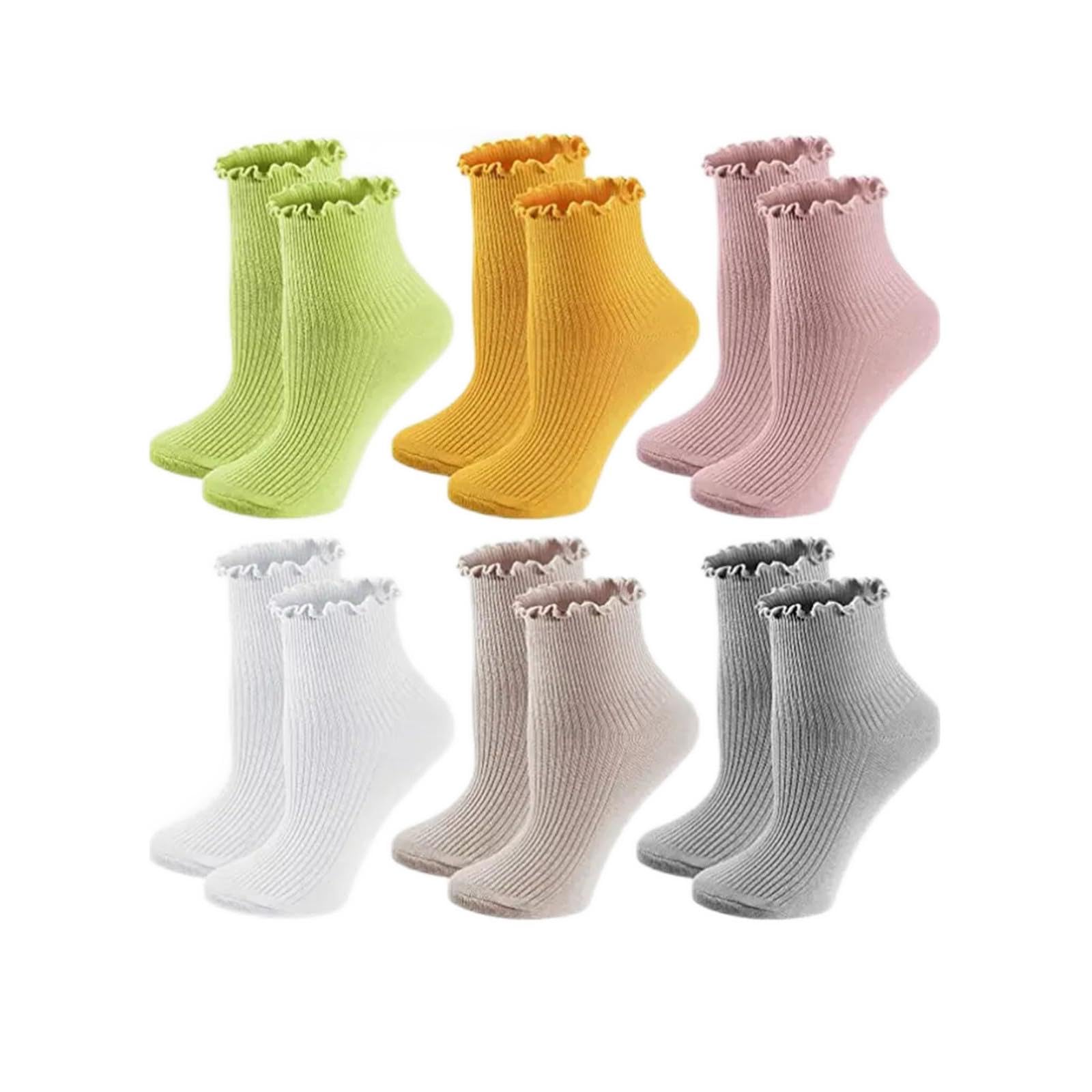 

6 Pairs Womens Socks, Ruffle Turn-Cuff Casual Ankle Socks Breathable Knit Cotton Warm Crew Frilly Sock, Lovely Frilly Lettuce Ed One Size