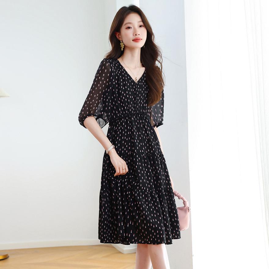 Summer new temperament elegant waist thin skirt floral medium and long dress women