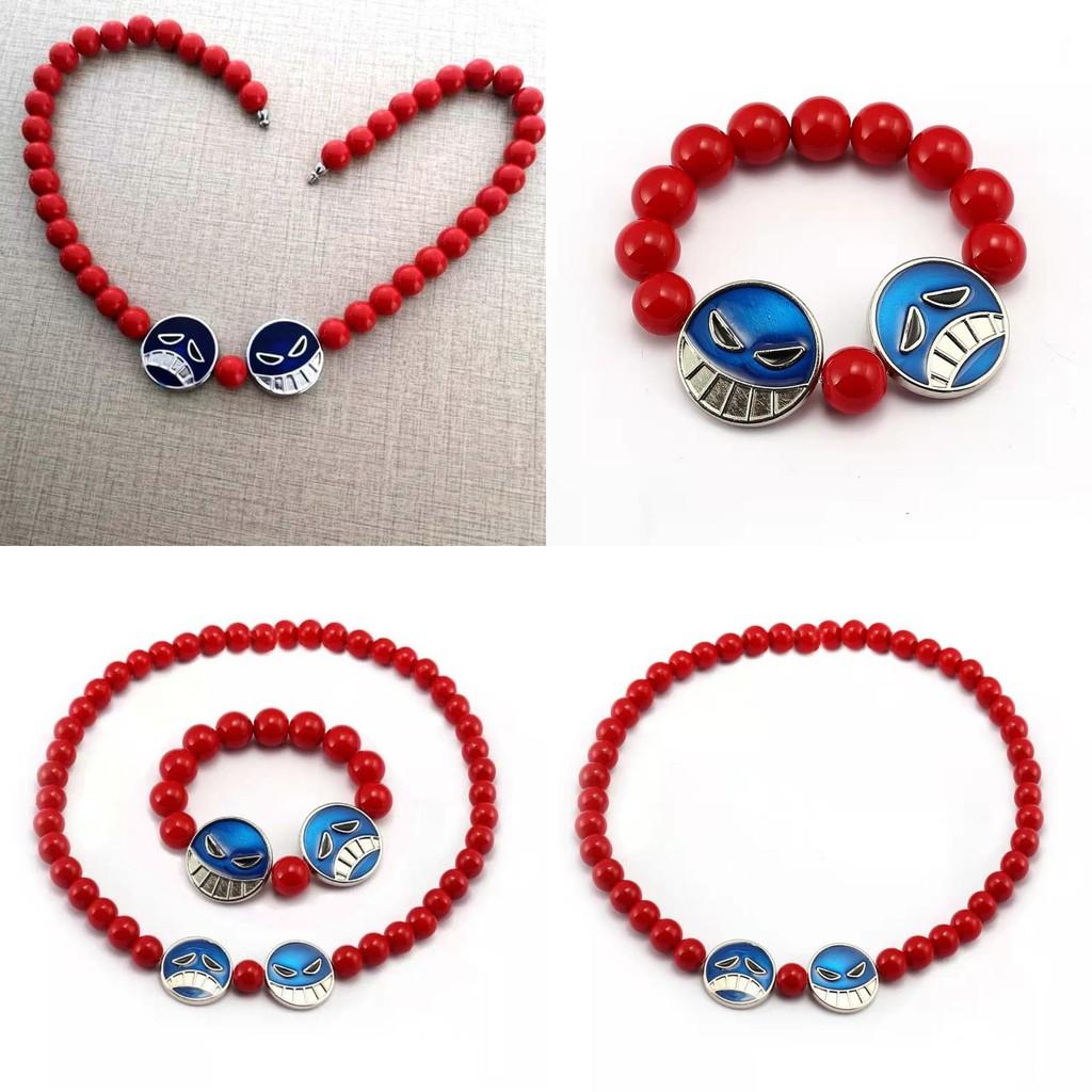 One Piece Portgas D Ace Halskette Whitebeard Piraten Anhänger Rotes Perlenarmband