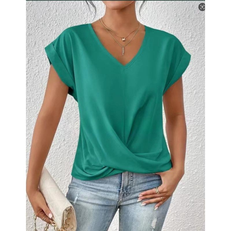 Elegant Short Sleeved Top for Spring and Summer Solid Color V-neck Women's T-shirts