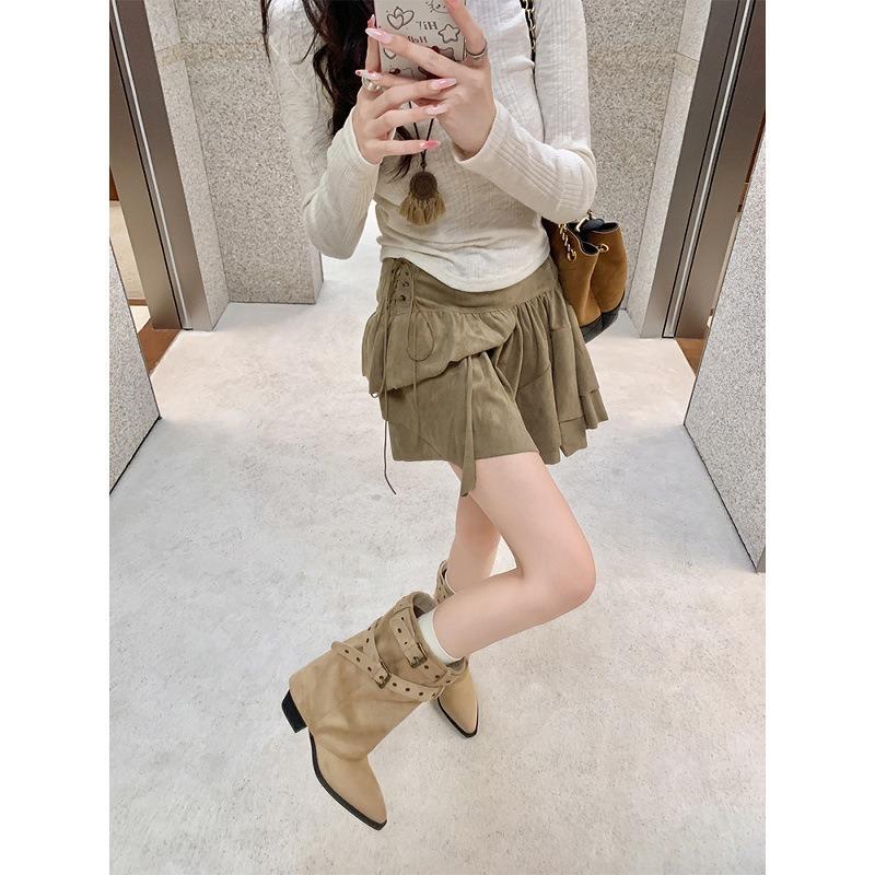 Cowhide version~ Danish trouser boots pointed buckle thick heel desert cowboy boots stacked short boots women's western boots