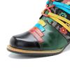 Johnature Genuine Leather Printed Patchwork Color Strapping Thick Heeled Women's Short Boots Mixed Colors Shoes