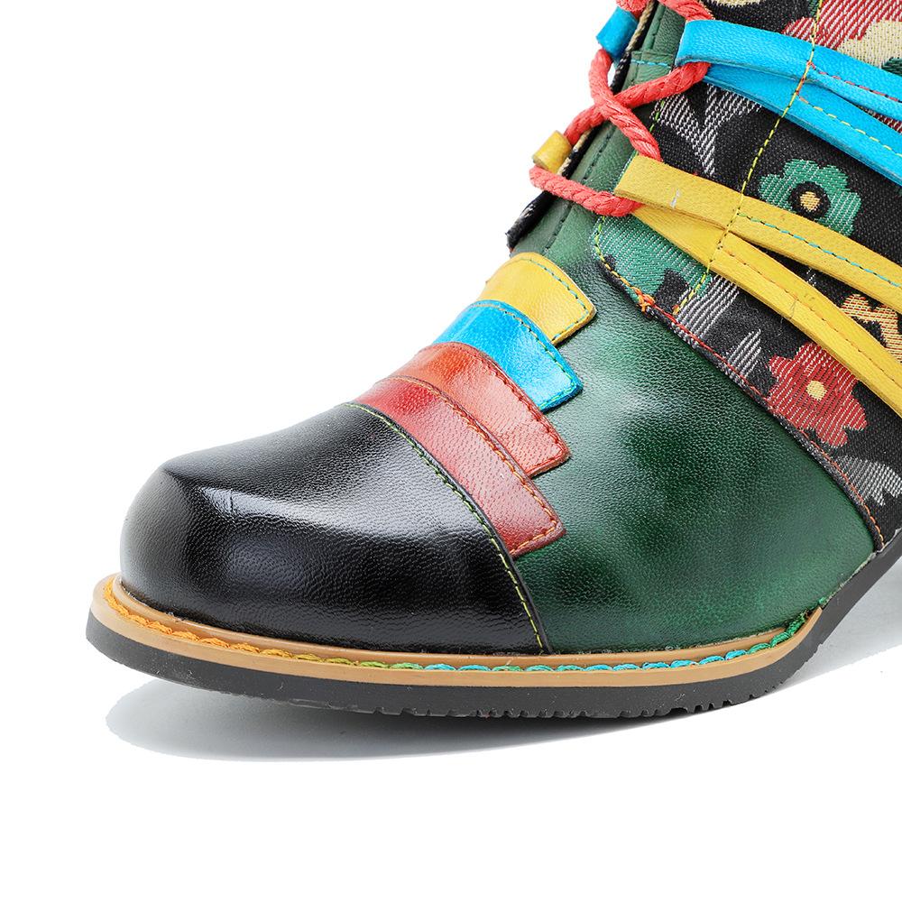 Johnature Genuine Leather Printed Patchwork Color Strapping Thick Heeled Women's Short Boots Mixed Colors Shoes
