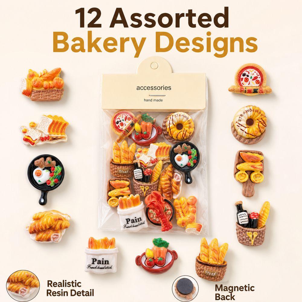 12PCS Resin Bread Fridge Magnets Miniature Food Refrigerator Magnets Home Office Decor