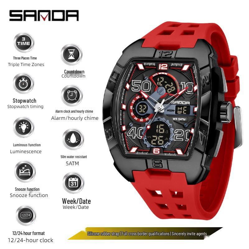 Sanda Men's Sports Barrel-Shaped Luminous Countdown Watch with Triple Time Zone and Dual Display, Waterproof Design.