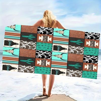 Absorbent Quick Dry Microfiber Beach Towel - Vintage Cowhide Design, Lightweight for Picnic, Travel & Outdoor Use, Easy Pack