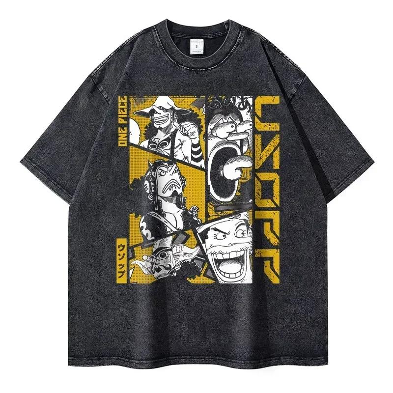 Summer Fashion Pirate King Luffy Second Brother Pattern Design Outdoor T-shirt Y2K Harajuku Washed Short Sleeve