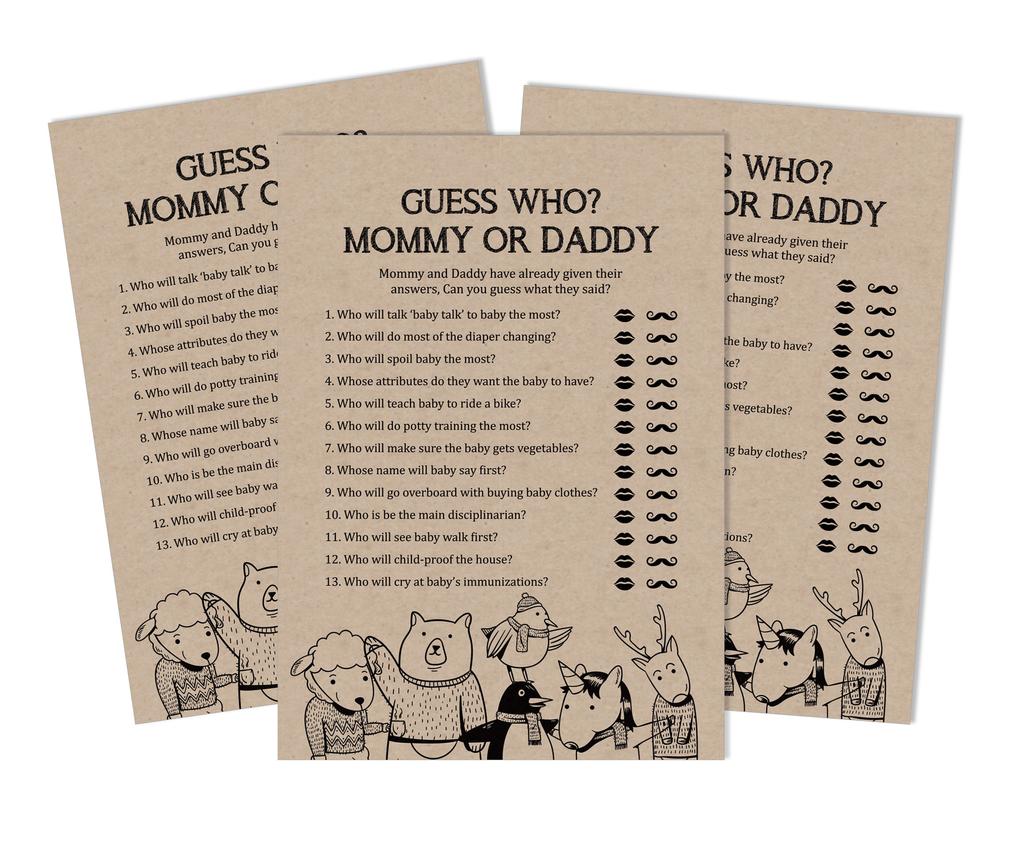 Inkdotpot Who Said it Game Mommy Or Daddy 50 Sheet Fun Baby Shower Game Gender Neutral Jungle Animals Rustic Kraft Party Supply