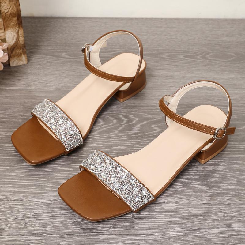 

Fashion Crystal Women Mid Heels Sandals Elegant Heeled Shoes 2025 Summer Fashion Chunky Pumps Square Toe Shallow Buckle Chaussures Femme 43