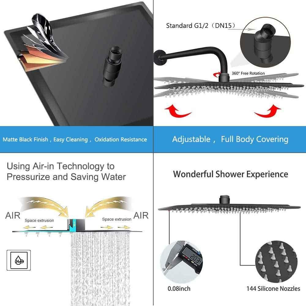 8"/10"/12" Large Rainfall Black Shower Head 304 Stainless Steel Square Rain ShowerHead Full Body Coverage Shower Set
