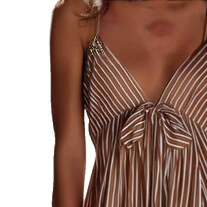 2026 European and American Retro Vacation Style Khaki Striped Summer Dress