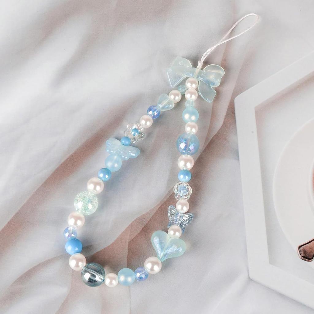 LUVI Beaded Phone Charm Lanyard Wrist Strap Love Heart Bow Beads Butterfly Chain Flower String Pearl Bling Bracelet Keychain Cute Fashion for Women