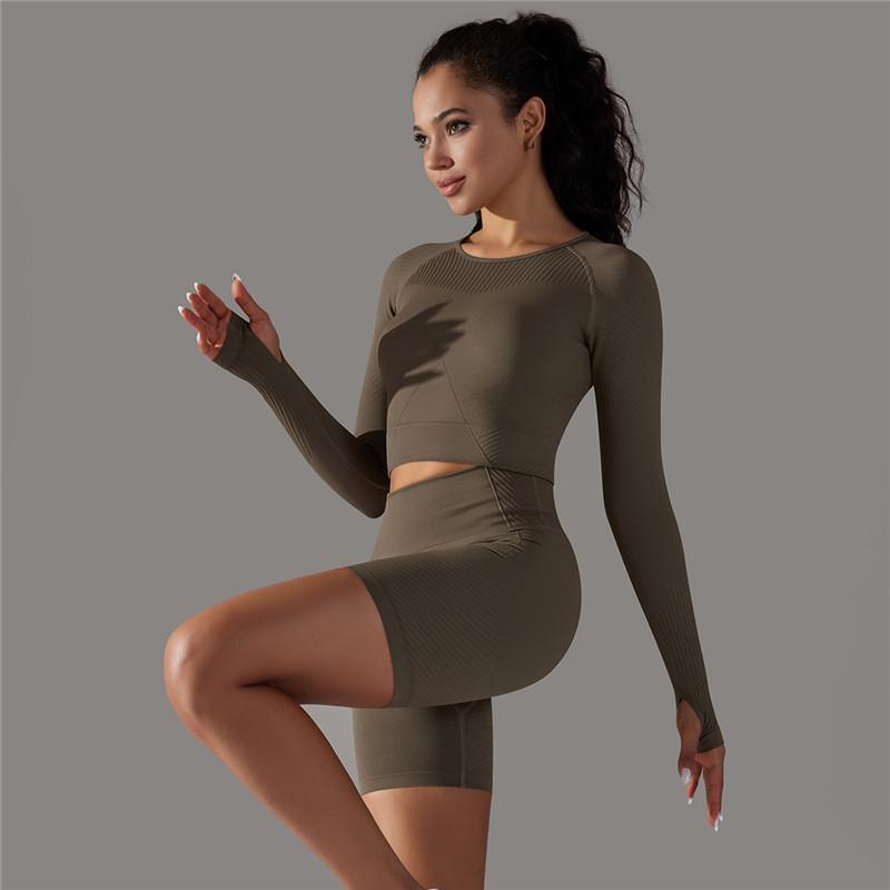 Auroth Women Yoga Sportswear Round Neck Fitness Long Sleeve Top Knit Running Shorts Workout Set