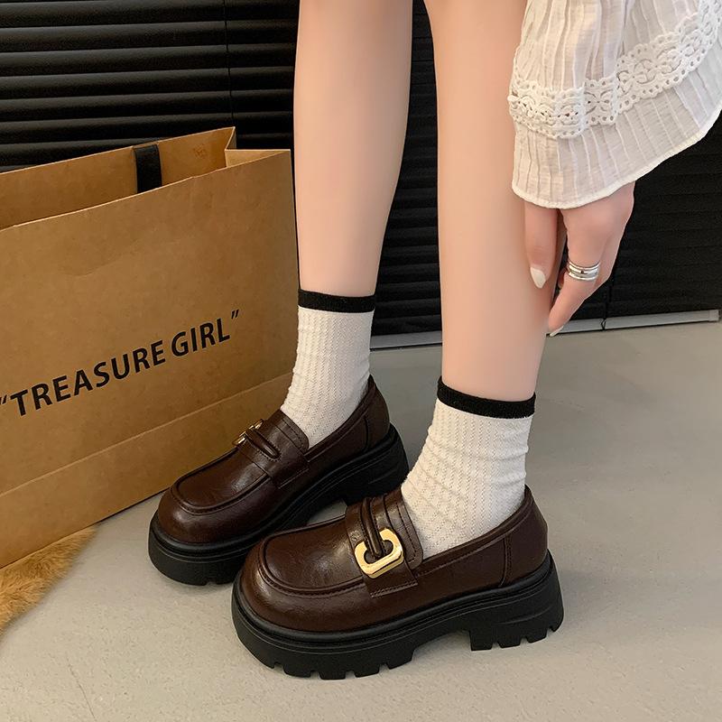 Black Platform Small Leather Shoes Women's 2024 Autumn New One-pedal British Style Loafers Retro Versatile Single Shoes