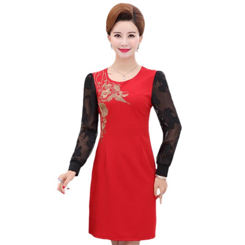 Elegant Slim-Fit Wedding Cheongsam for Middle-Aged Mothers - Long-Sleeve, Medium-Length