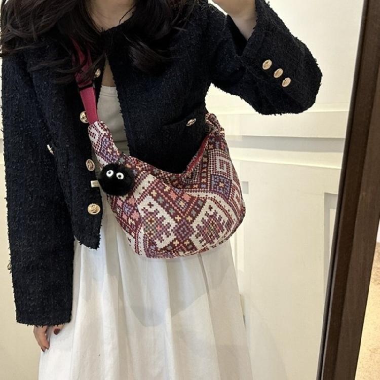 Ethnic Canvas Dumpling Bag for Daily Outings Crossbody Bags Shoulder Handbag
