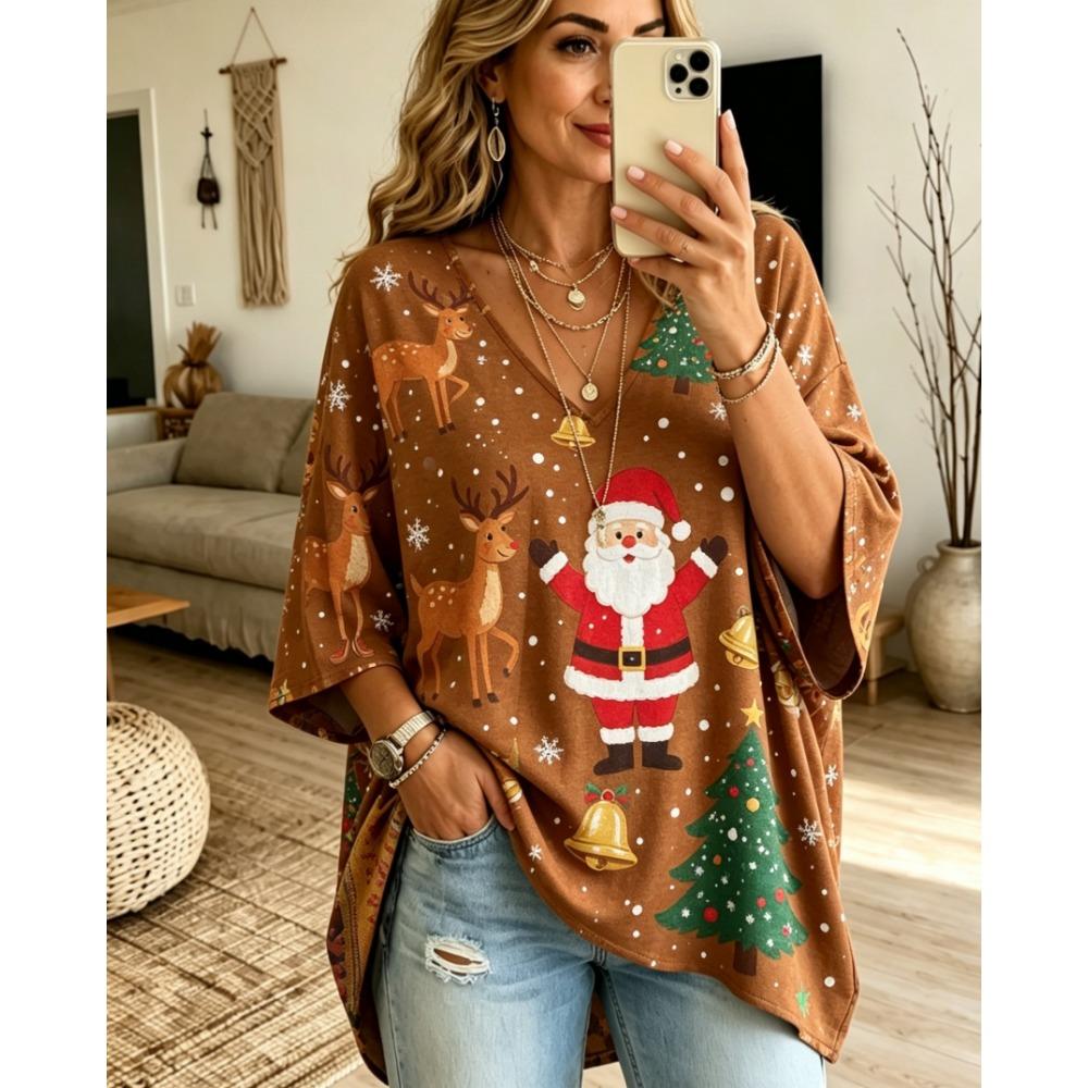 Halloween Printed T-shirt, Pumpkin Lantern Ghost T-shirt, Plus Size Women's V-neck Bat Sleeve Seven Quarter Sleeve Casual Top