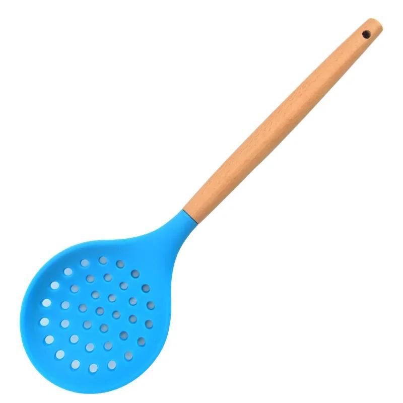 Kochen Silikon Sieb Lebensmittel Antihaft Hitzebeständig Holzgriff Abtropfsieb Löffel Schaumlöffel Sieb Kochen Küchenwerkzeuge