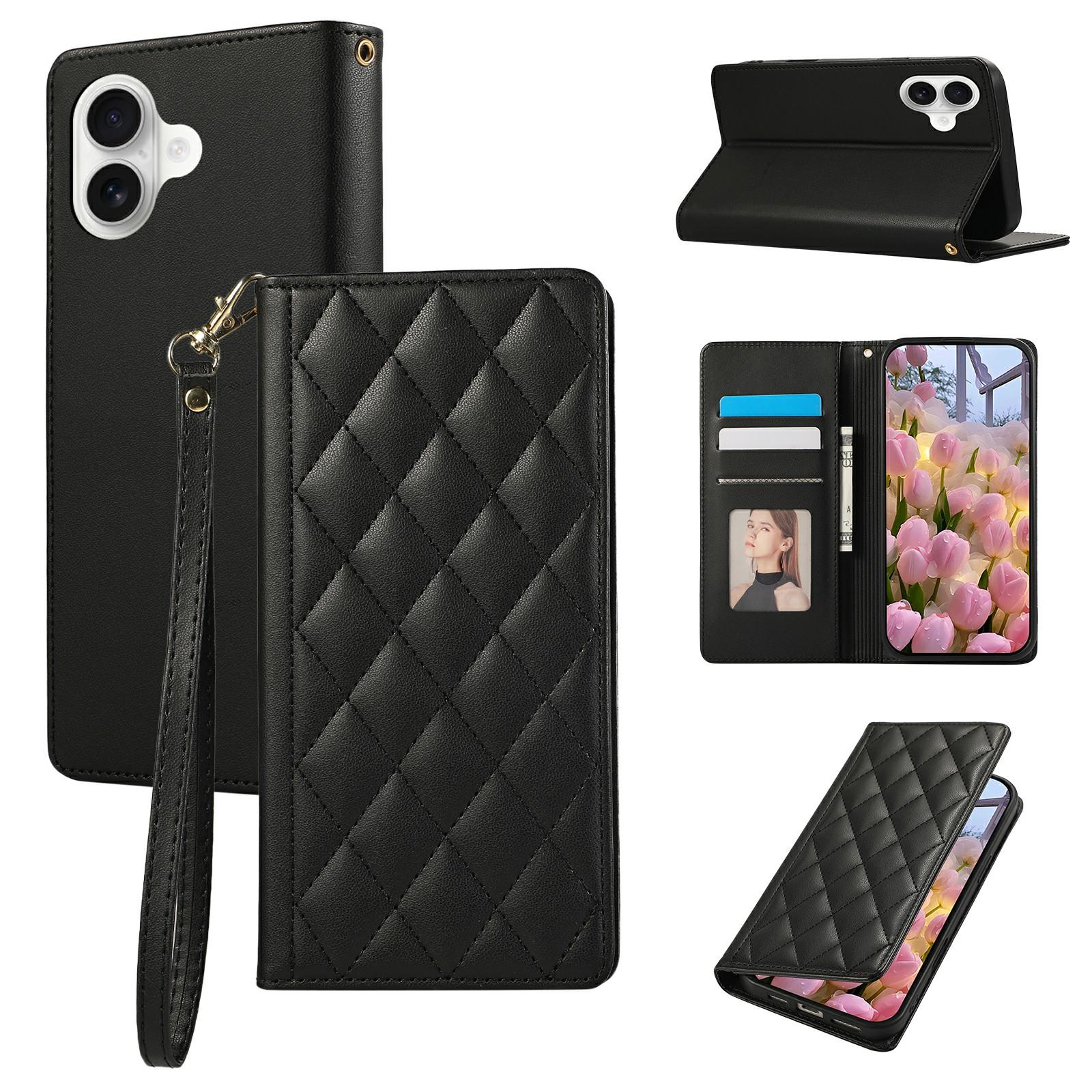

For iPhone 17 Case RFID Blocking Wallet Stand Rhombus Leather Phone Cover with Wrist Strap Black