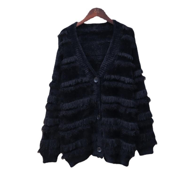 Imitation Mink Velvet Knitted Cardigan Women's Autumn and Winter New Tassel Design Sense Retro Sweater Jacket Thickened