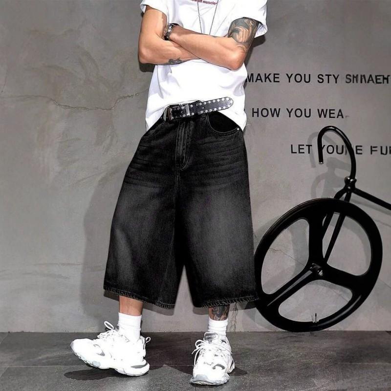 Męskie luźne czarne jeansowe spodnie capri z przetarciami 2026 Casual Streetwear Prosta nogawka