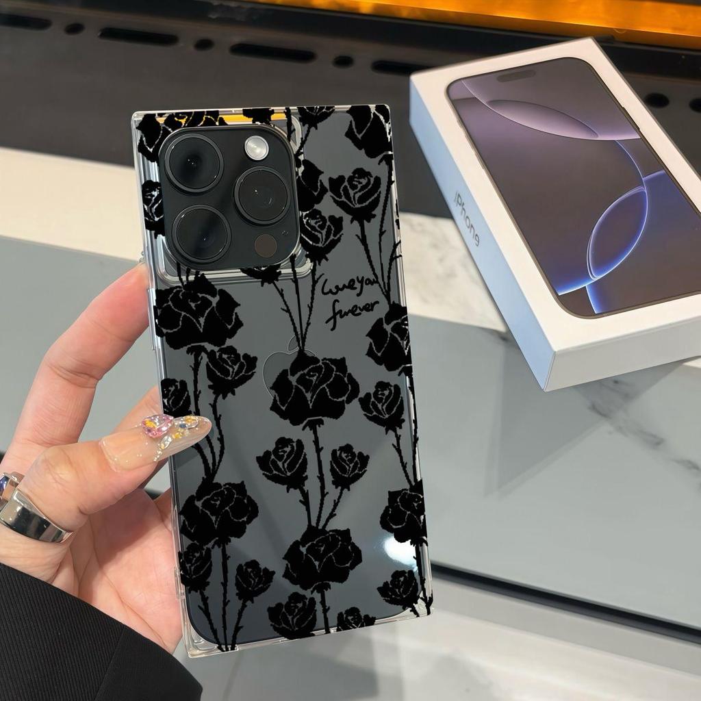 Transparent Square Back Tube Case Casing Protection For iPhone 13 15 Plus 11 12 16 ProMax 14 Pro Max Anti-Oxygen,Bramble Rose Pattern
