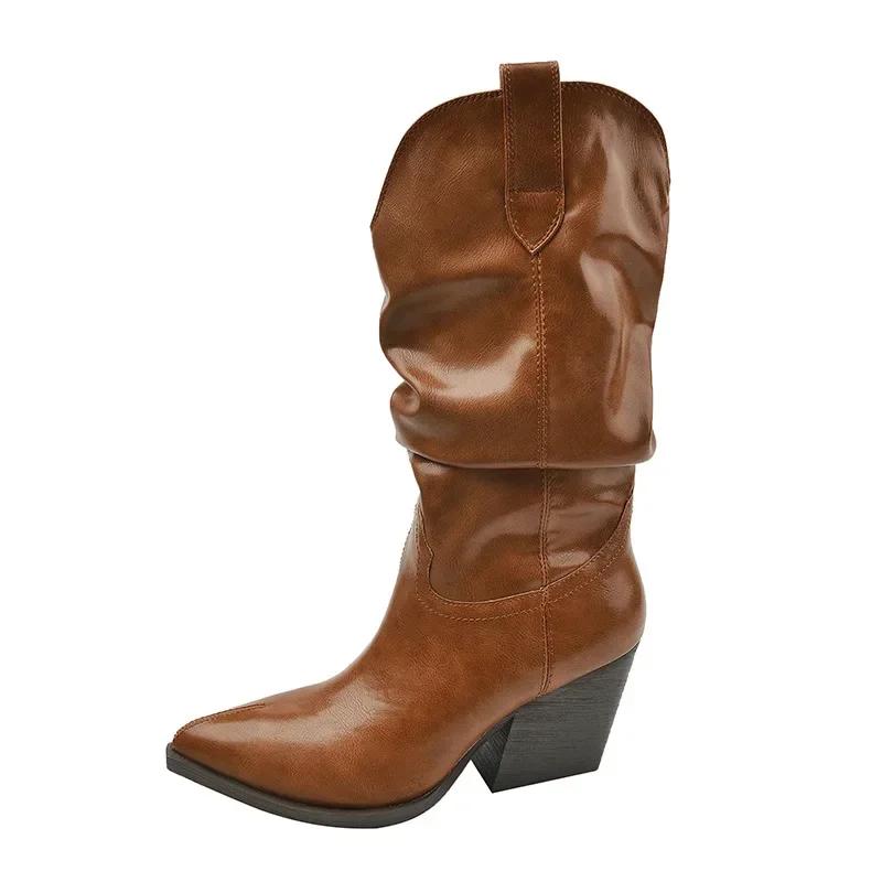 

Модные высокие каблуки до середины икры, плиссированные сапоги для женщин, осенне-зимние, коричневые, из искусственной кожи, ковбойские сапоги в западном стиле, женские, на толстом каблуке, ковбойские боты для женщин 34 коричневый