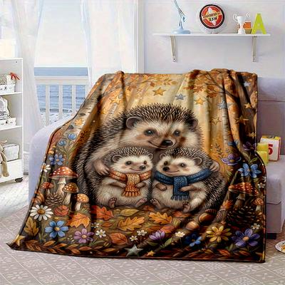 Autumnal Hedgehog Family Blanket Flannel Blanket Throw Blanket Sofa Cover Blanket Soft Premium Blanket Picnic Blanket Tv Blanket Gifts