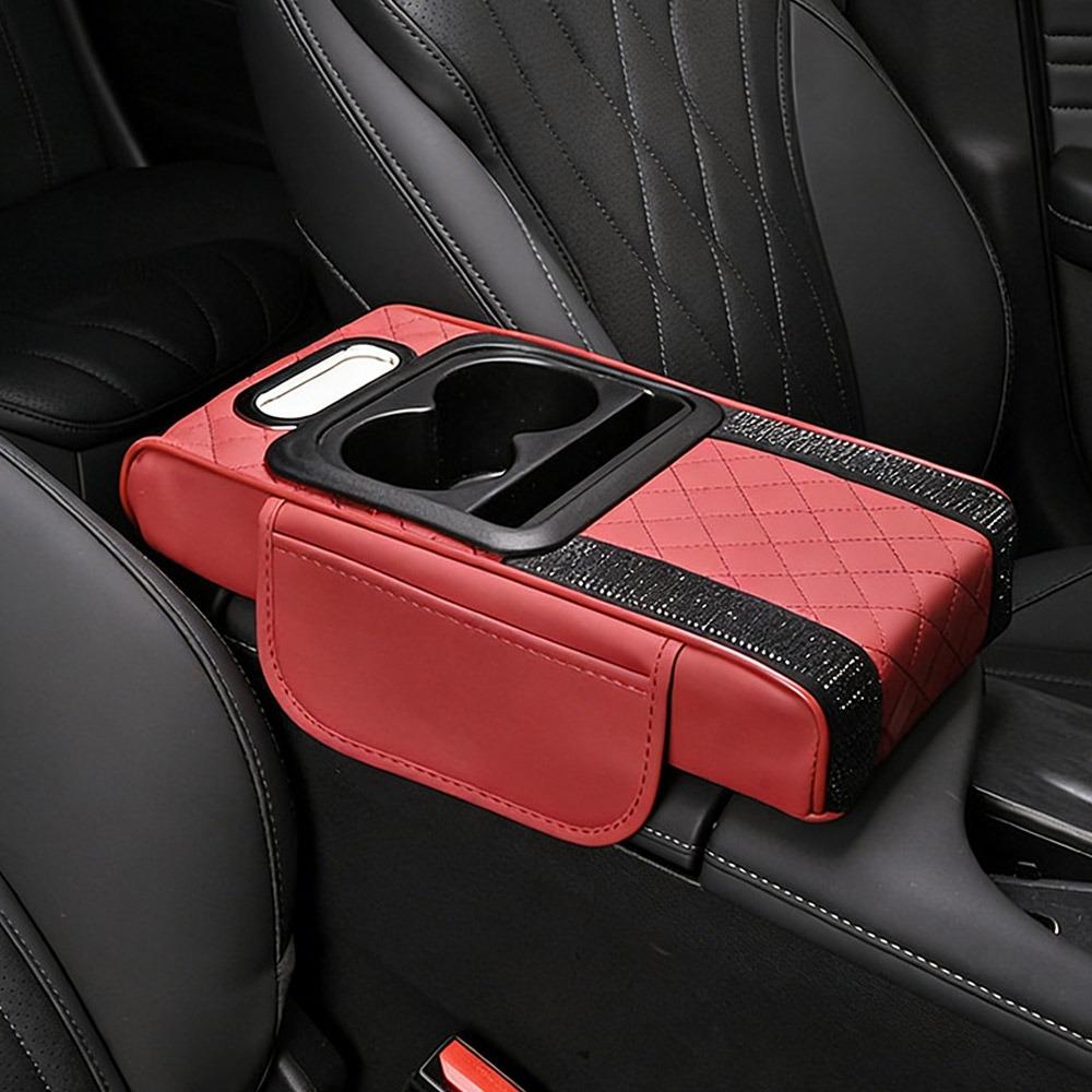 PU Leather Center Console Armrest Cushion with Cup Holder Tissue Box Height Increasing Car Armrest Pillow Multifunctional