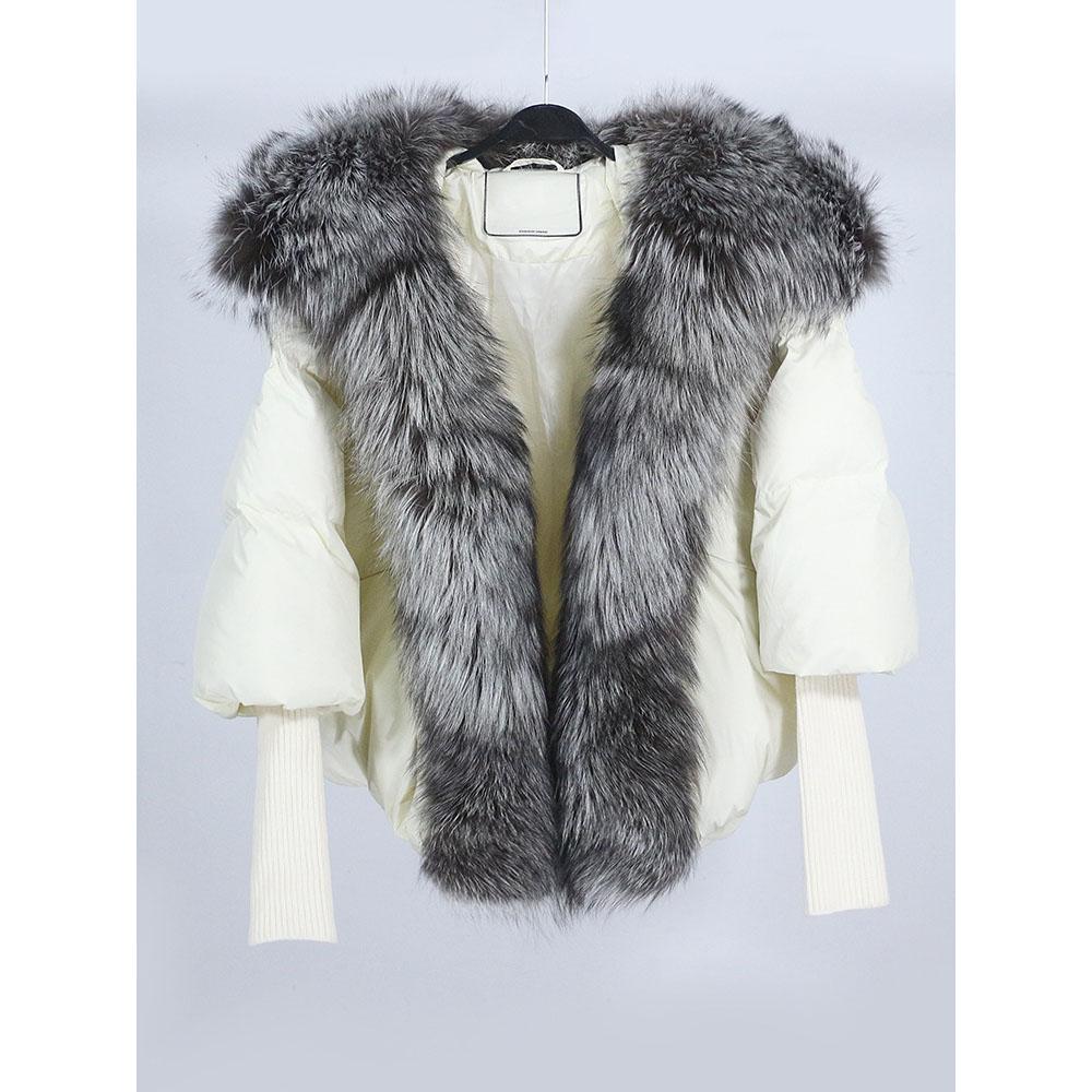

Зимняя белая утиная пуховая куртка с коротким воротником из лисьего меха и вязаными рукавами XL
