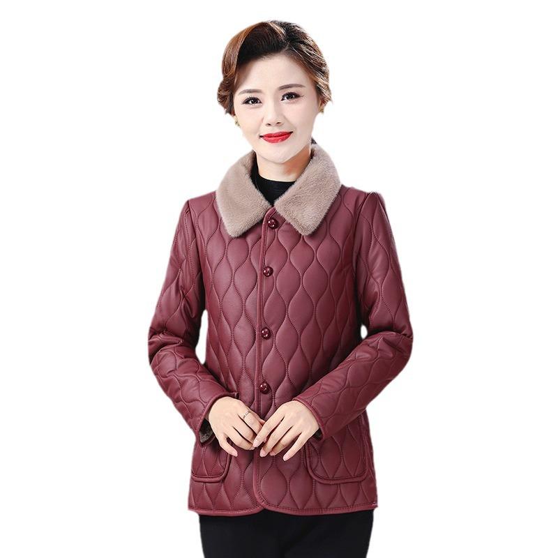 Chic Winter Fleece-lined Coat for Middle-aged & Elderly Women - Fashionable Leather-Feel, Loose Fit Top