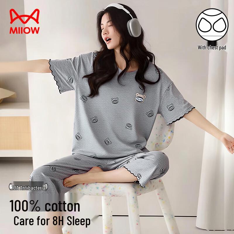 MiiOW Women s Pure Cotton Short Sleeve Cropped Pajama Set with Chest Pad L