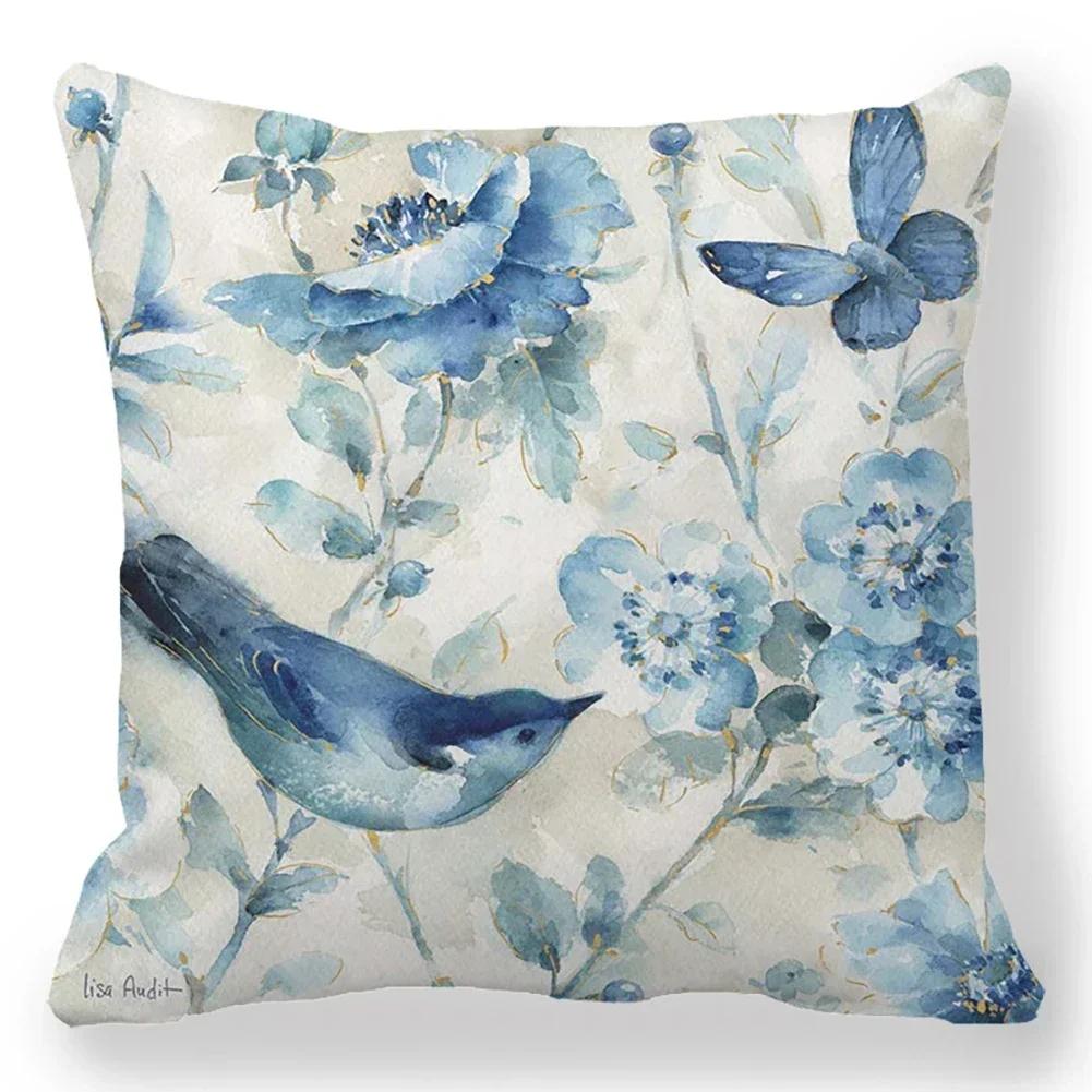 Flower Printing Throw Pillow Covers Vintage Oil Painting Birds Floral Square Cushion Cover Pillowcases for Sofa Home Decor 45cm