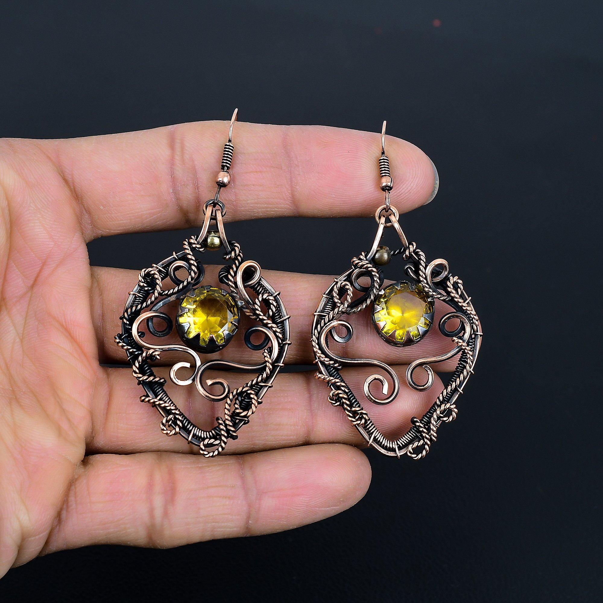 

Серьги с цитрином, обернутые медной проволокой 999 пробы, серьги ручной работы с драгоценными камнями ко Дню памяти 2.87 Inches