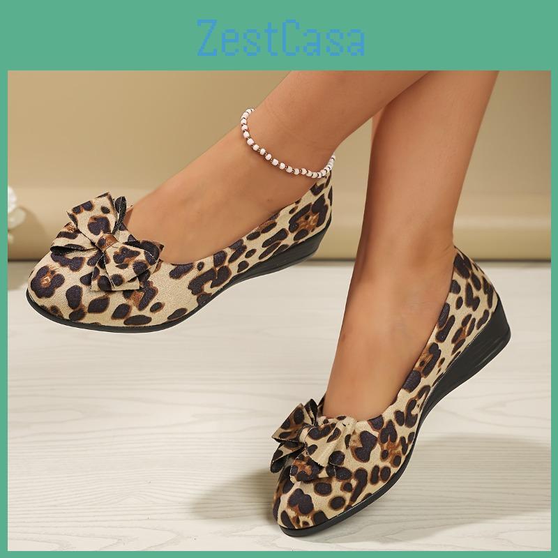 Womens Leopard Elegant Print 1pc Handmade Bow Wedge Heel Pumps Suitable For Outdoor Home Leisure Vacation