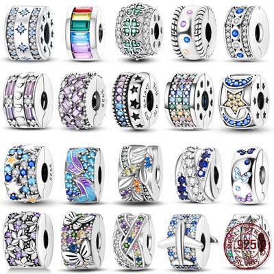 Copper Cz Pave Clip Charms Daisy Beads Copper Clasp Stopper Clip Safety Chain Fit Original Pandora Bracelet Jewelry