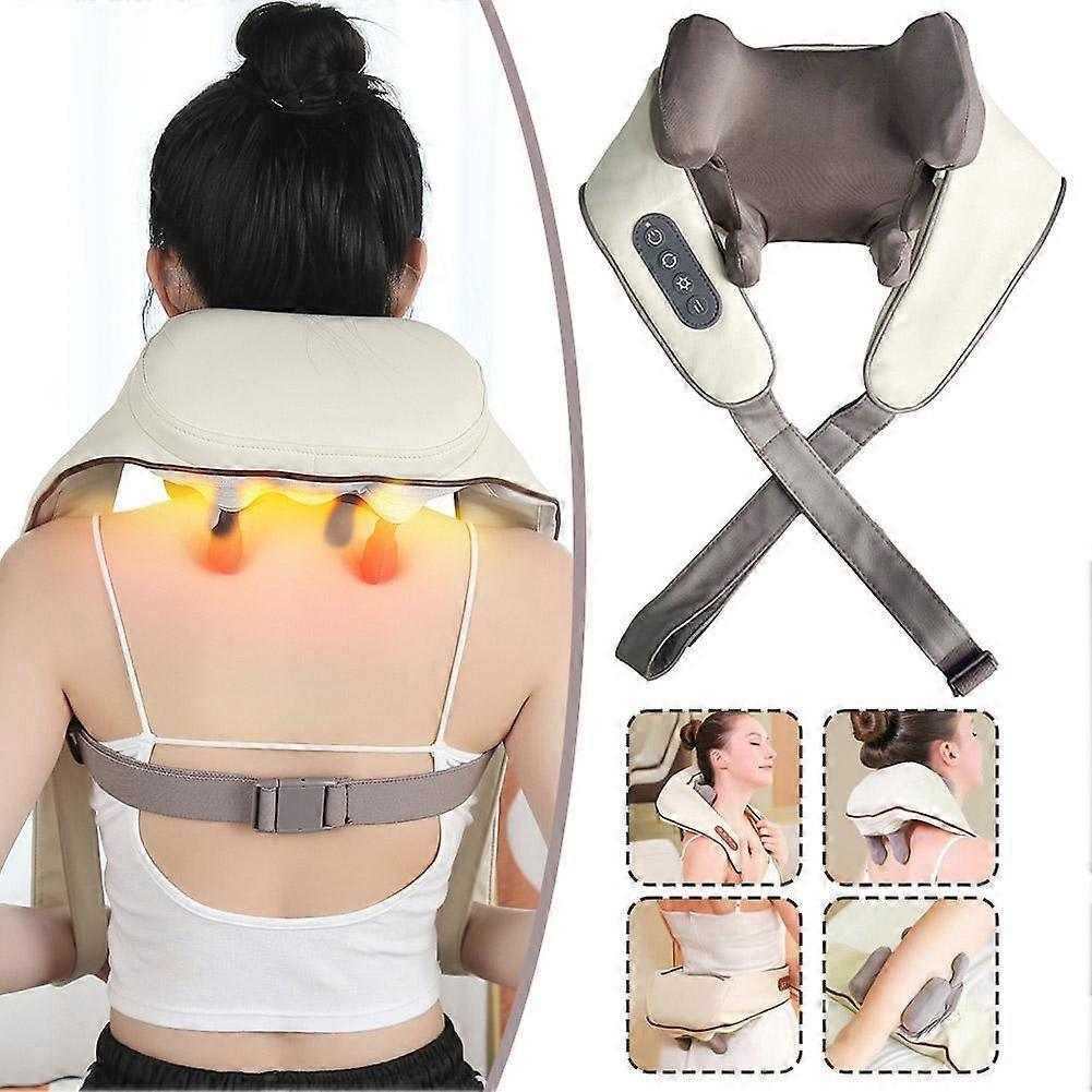 3D Kneading Neck Massager with Heat Wireless Portable 3 Speeds Beige Gray