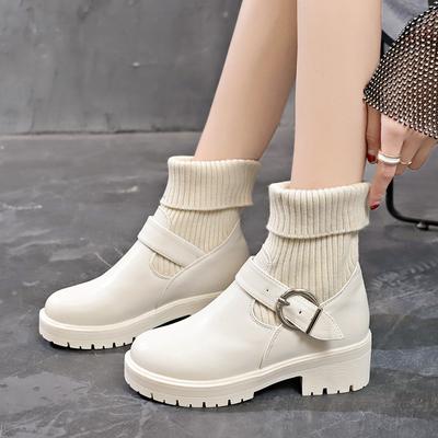 Botas Meias de Tricô para Mulheres Lã Boca Elástica Designer Botins Moda Sapatos Casuais Femininos Couro Botas de Plataforma Femininas