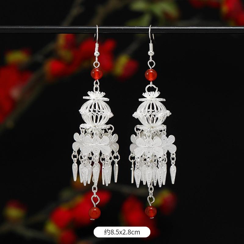 Miao Yin earrings original niche retro Dongling jade earrings long fringed earrings women