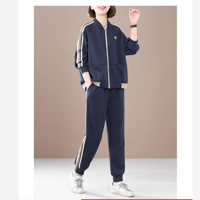 

Осенняя мода больших размеров, скрывающий полноту, повседневный спортивный костюм, женский свободный и тонкий кардиган, костюм-двойка L темно-синий